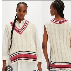 Free People Cable Knit V Neck Striped Trim Sweater Vest Women All Cream Red